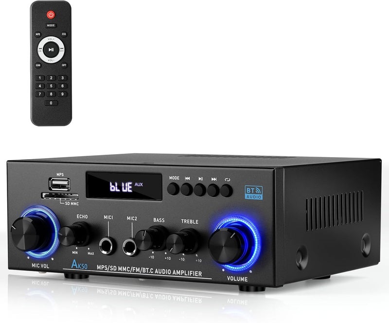 Romicta AK50 Stereo Audio Amplifier, 400W Home 2 Channel Bluetooth 5.0 Power Amplifier System, Home Amplifiers FM Radio, USB, Echo, Mic, SD Card, with Remote Control Home Theater Audio Stereo System - Image 1